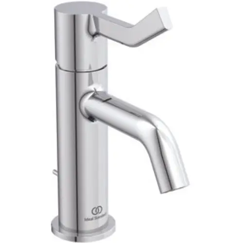 Wascharmatur aus Chrom mit langem Griff von Ideal Standard, ausgestattet mit einer Auslaufdüse und einem Ablaufsystem.